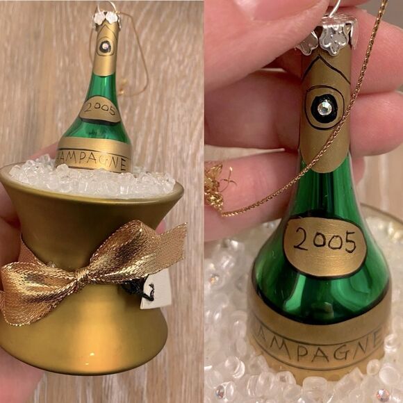 Christmas Vintage blown Glass holiday ornament champagne bucket bottle 2005 5” - Picture 1 of 12